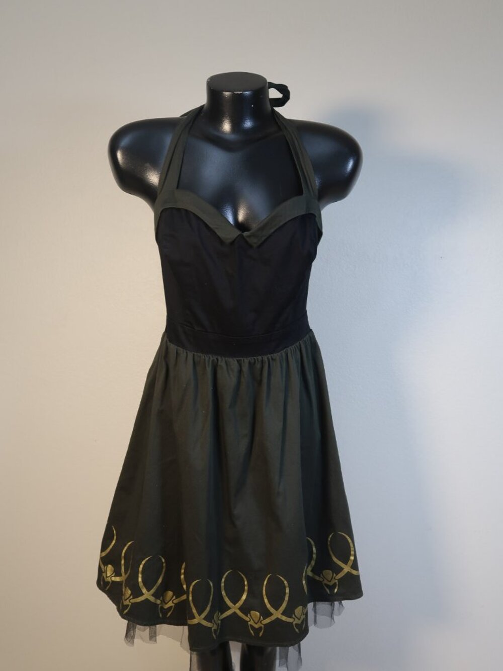 Marvel Black and Olive Halter Midi Dress with Gold Accent